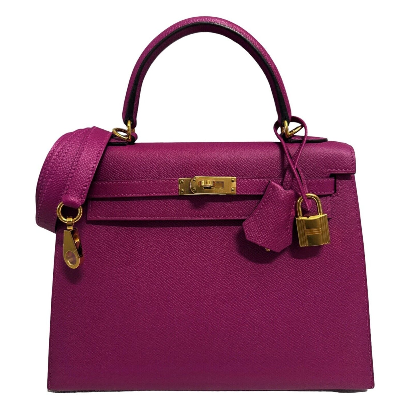 Hermes Kelly 25 Sellier Rose Pourpre Pink Purple Epsom Leather Gold Hardware