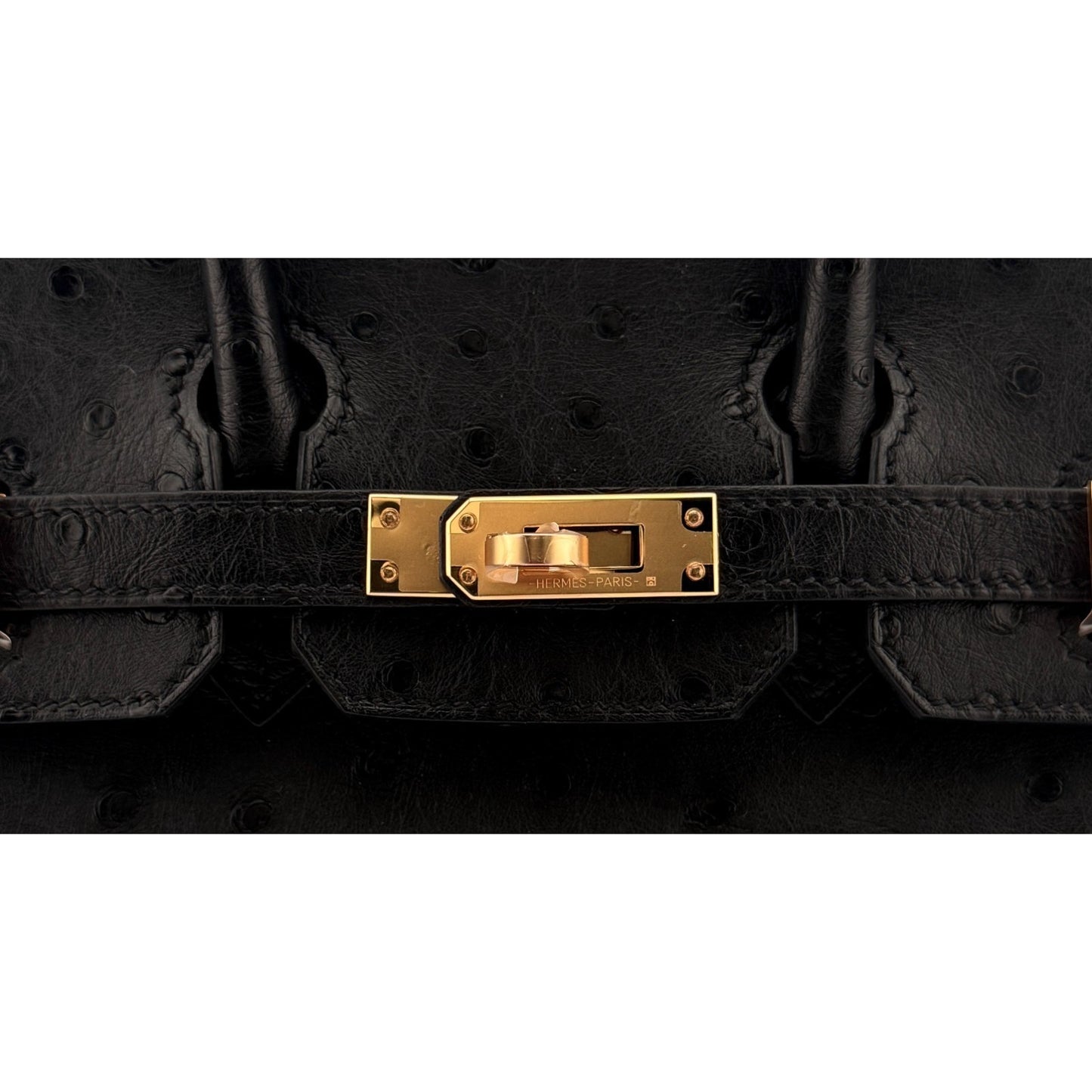 Hermes Birkin 25 Black Noir Ostrich Leather Rose Gold Hardware Handbag