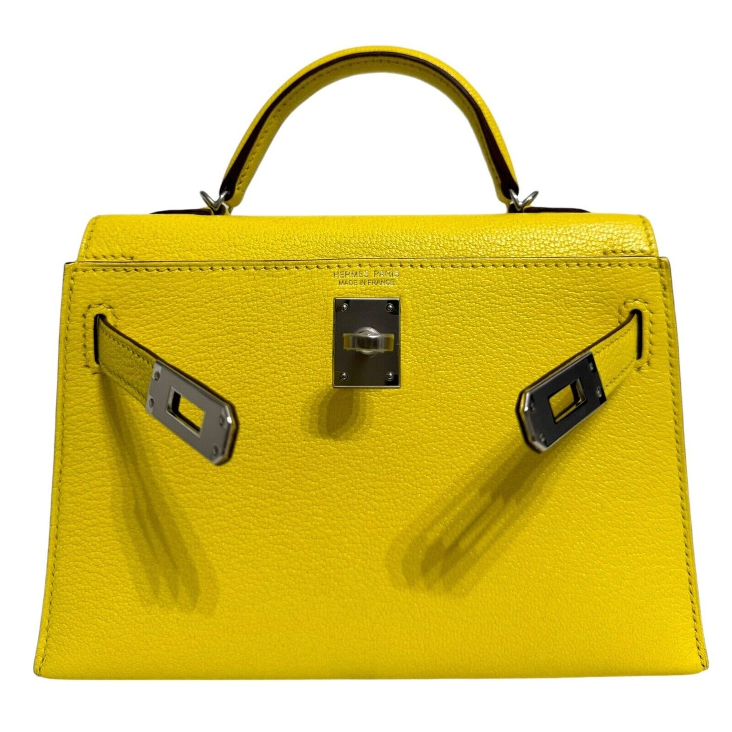 Hermes Kelly Mini 20 Jaune Citron Lemon Yellow Chèvre Leather Palladium RARE