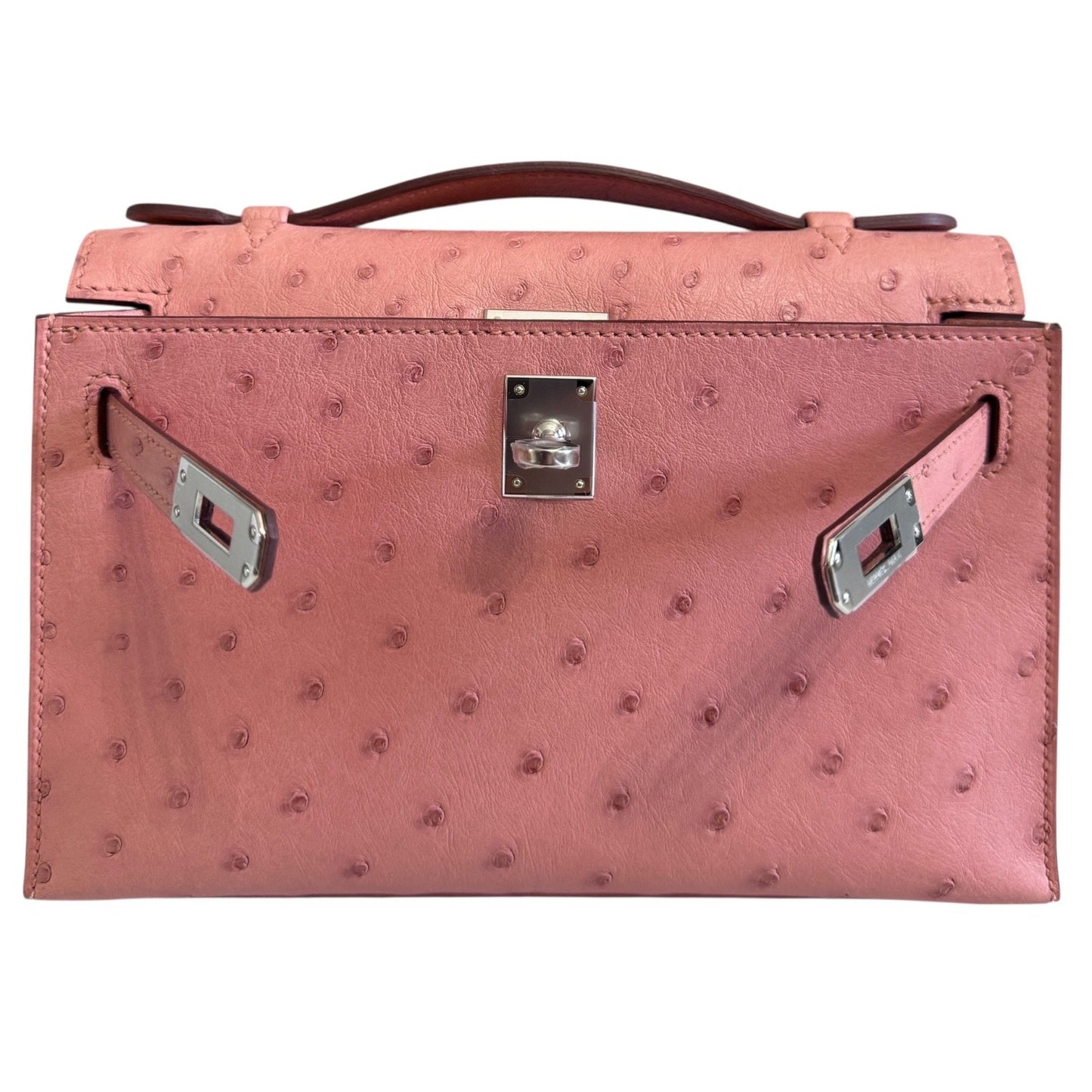 Hermes Kelly Pochette Terre Cuite Pink Ostrich Leather Palladium Hardware