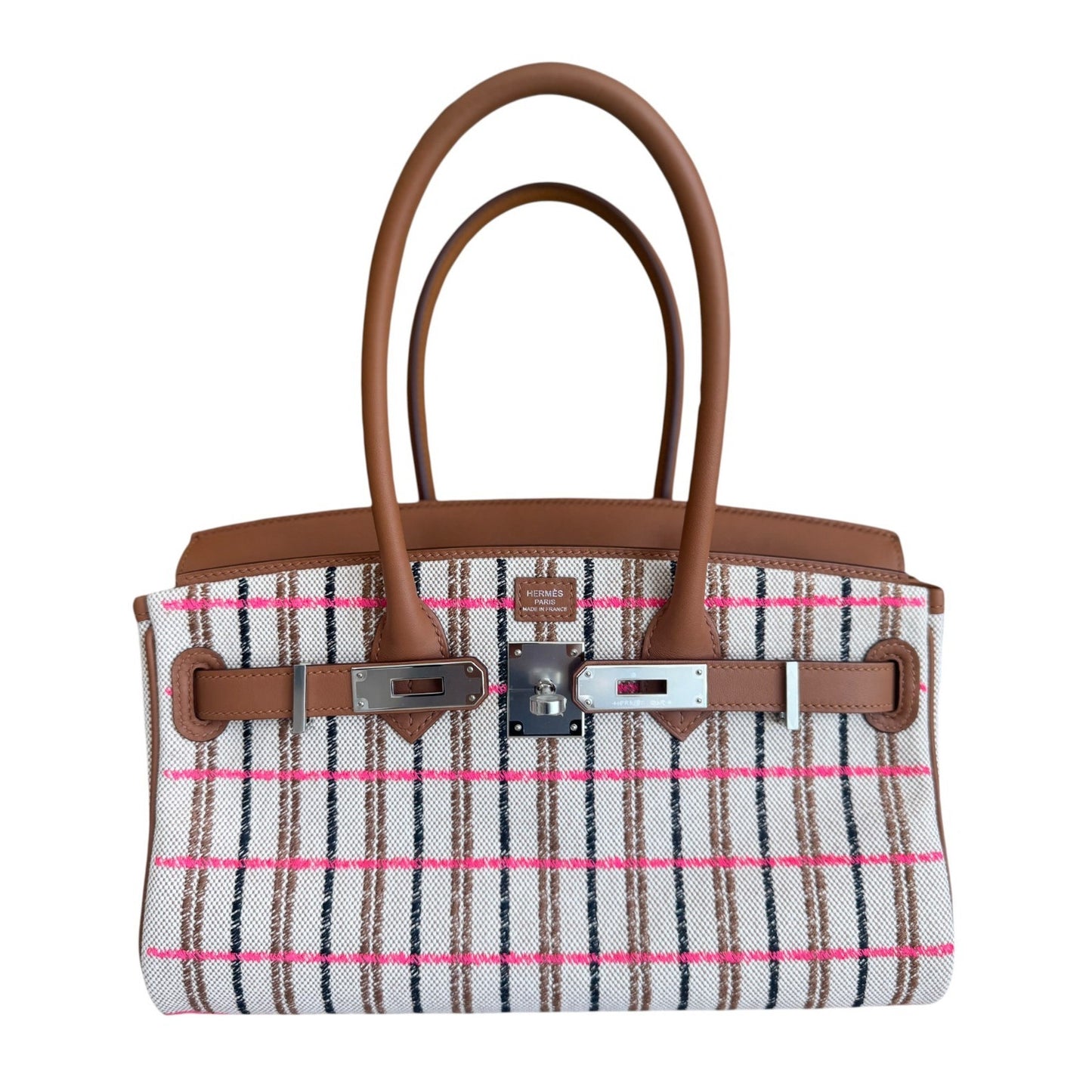Hermes Birkin 29 Shoulder Gold Tan Toile Canvas Beige Rose Pop Black Palladium