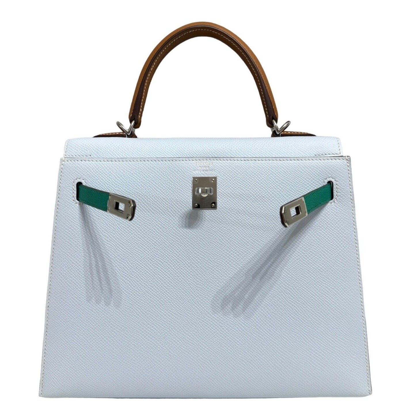 Hermes Kelly 25 Sellier Blue Brume Vert Jade Gold Tan Epsom Palladium Hardware