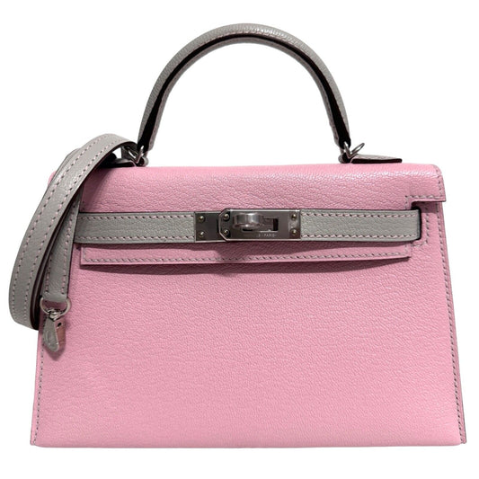 Hermes Kelly Mini 20 Special Order Rose Sakura Gris Perle Gray Chèvre Palladium