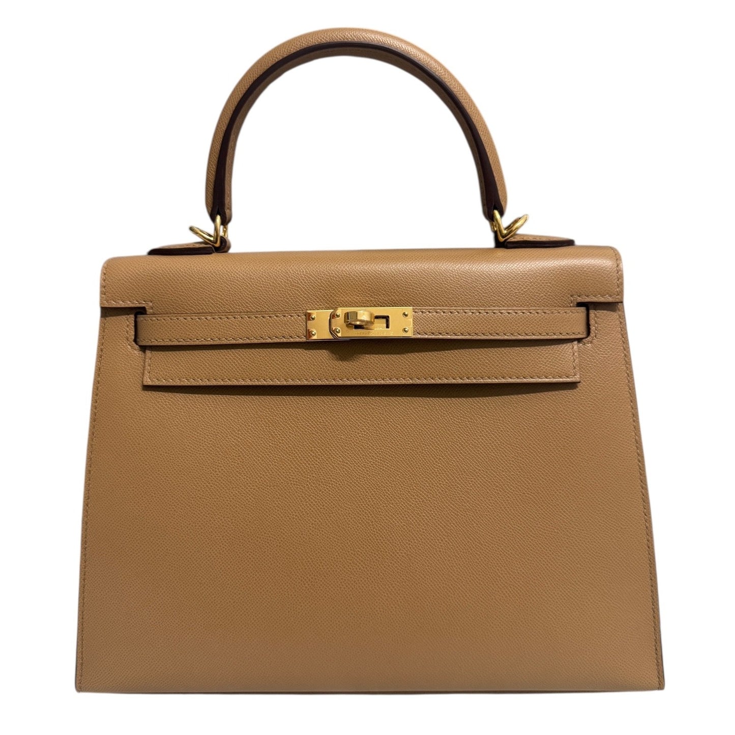 Hermes Kelly 25 Sellier Verso Biscuit & Mushroom Madame Leather Gold Hardware