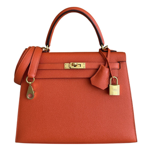 Hermes Kelly 25 Sellier Feu Orange Epsom Gold Hardware RARE