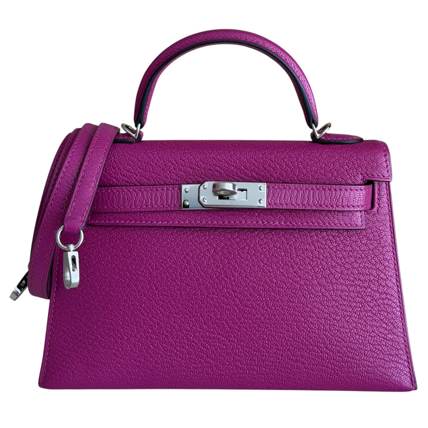 Hermes Kelly Mini 20 Rose Pourpre Pink Purple Chevre Leather Palladium Hardware