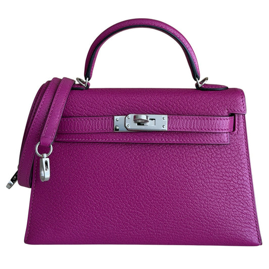 Hermes Kelly Mini 20 Rose Pourpre Pink Purple Chevre Leather Palladium Hardware