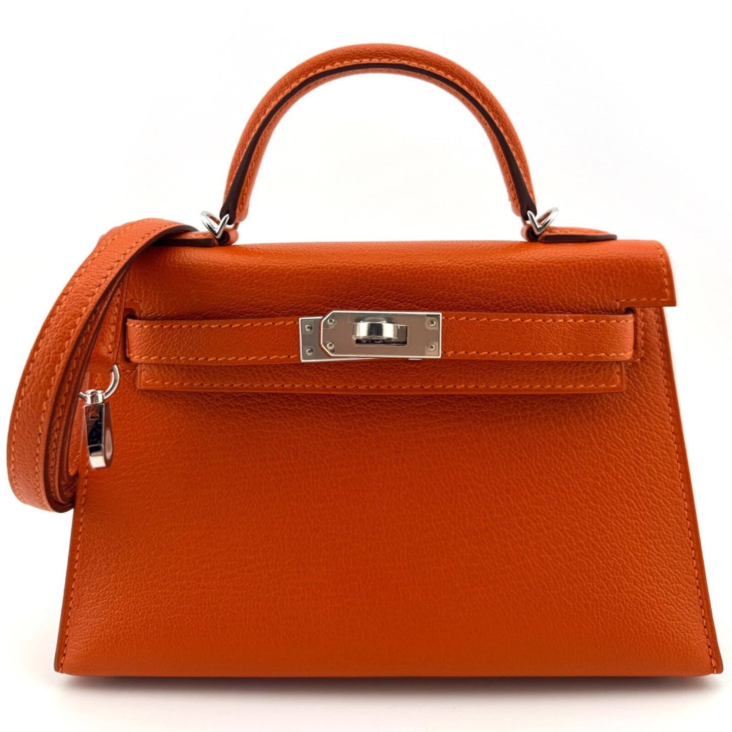 Hermes Kelly Mini 20 Verso Feu Orange & Rose Eglantine Pink Chèvre Palladium Hwr