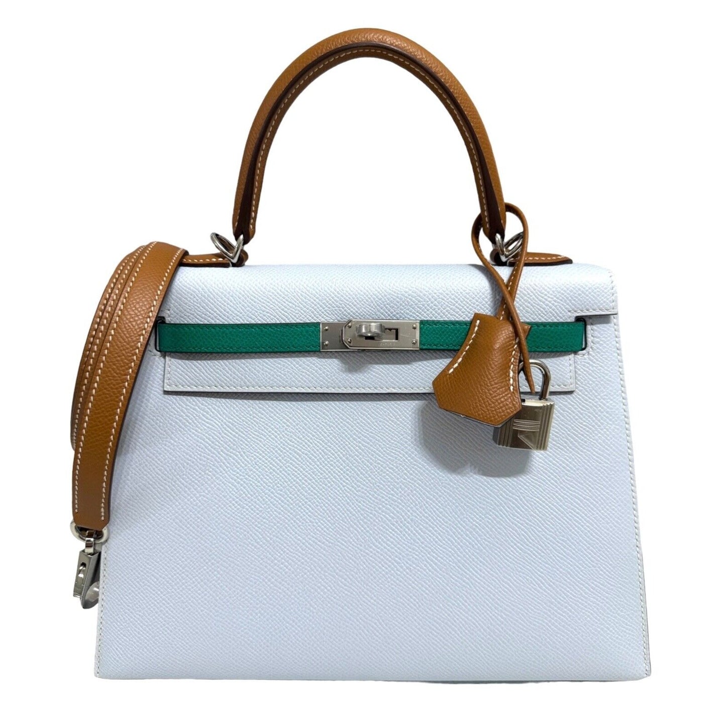 Hermes Kelly 25 Sellier Blue Brume Vert Jade Gold Tan Epsom Palladium Hardware