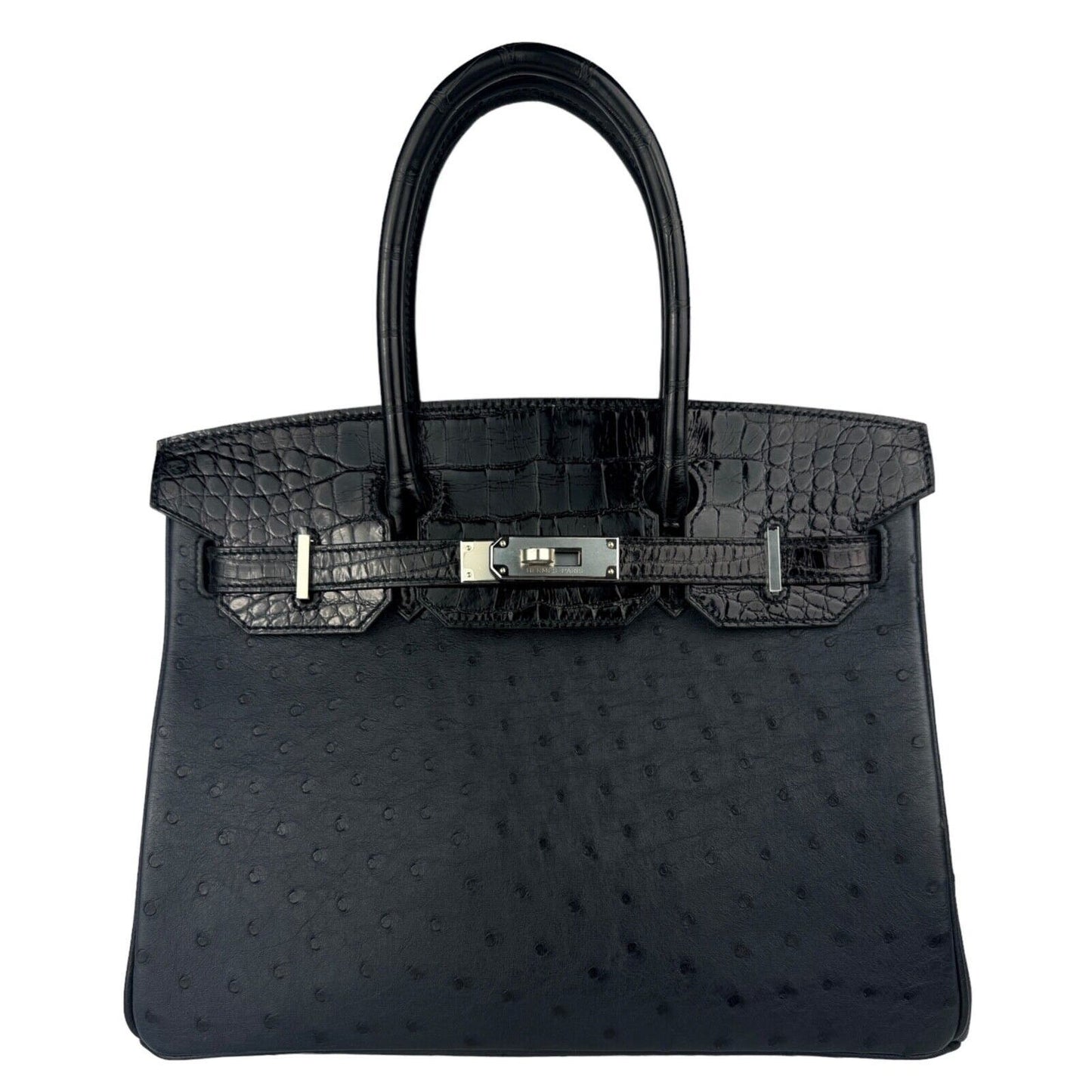 Hermes Birkin 30 Touch Blue Indigo Ostrich Black Crocodile Palladium Hardware