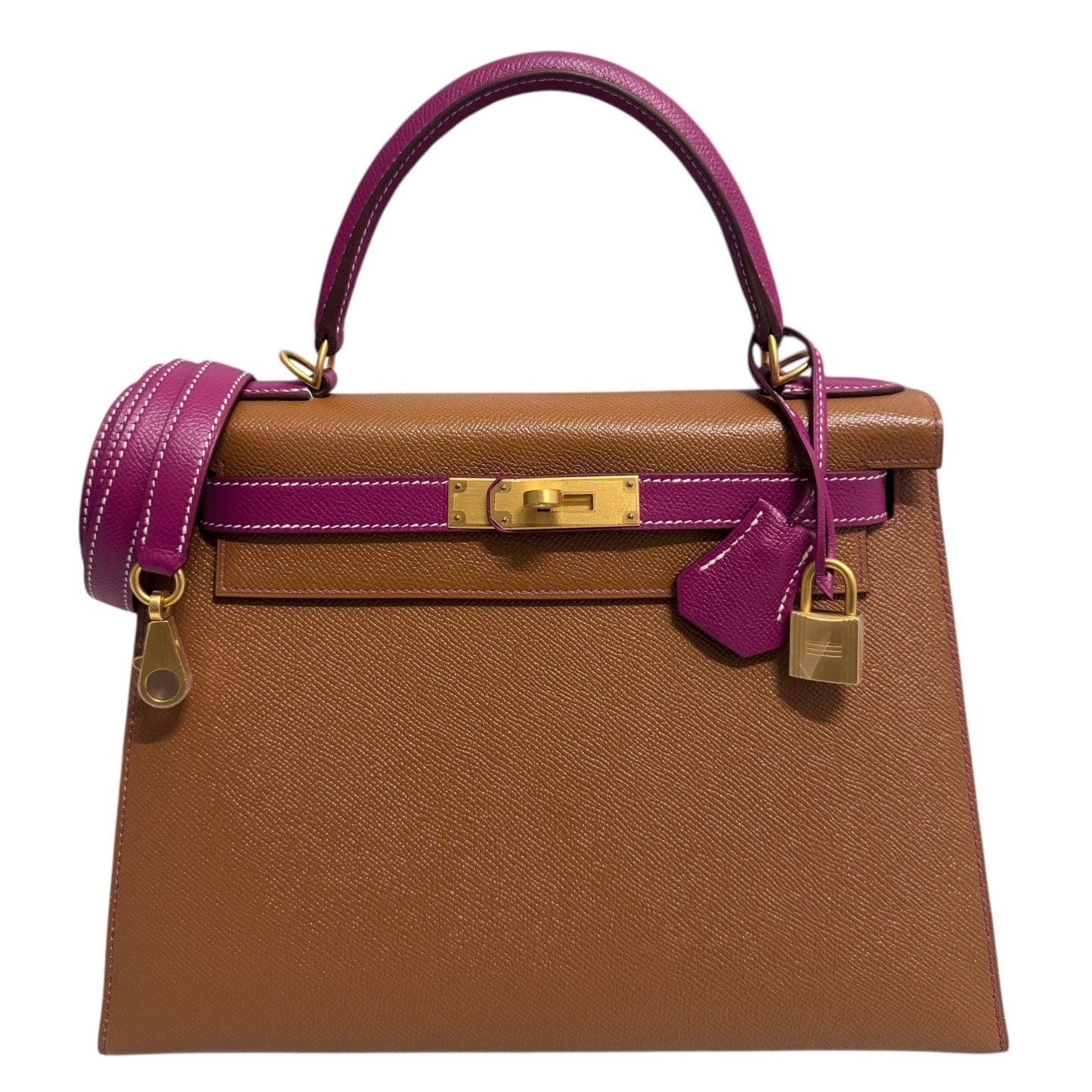 Hermes Kelly 28 Sellier Special Order Gold Tan Rose Pourpre Pink Brushed Gold