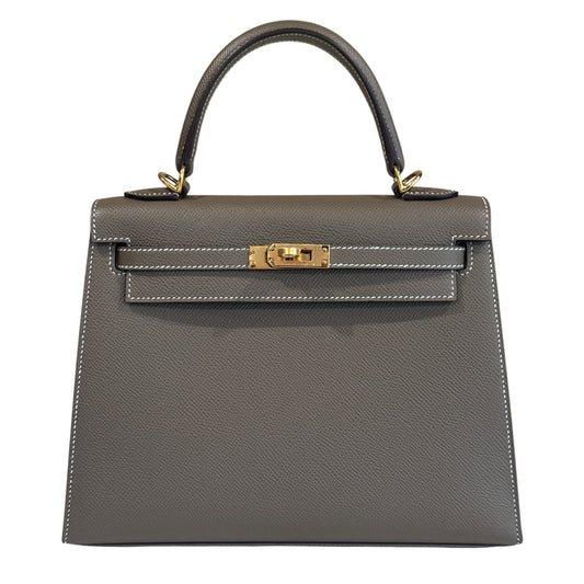 Hermes Kelly 25 Sellier Etoupe Gray Epsom Leather Gold Hardware