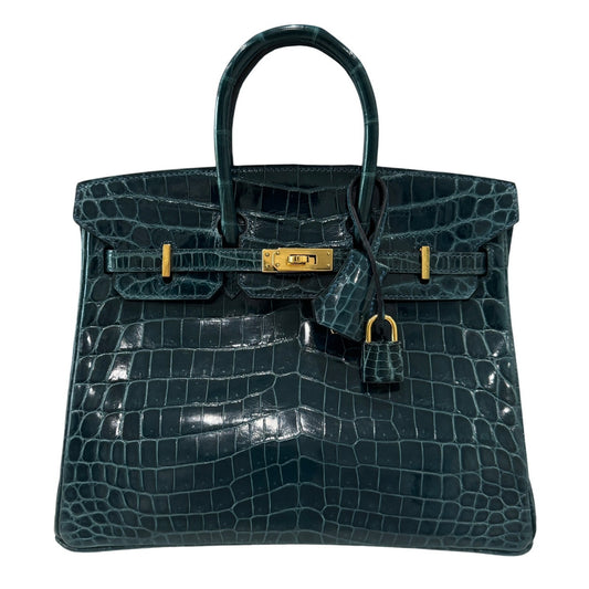 Hermes Birkin 25 Blue Colvert Green Niloticus Crocodile Leather Gold Hardware