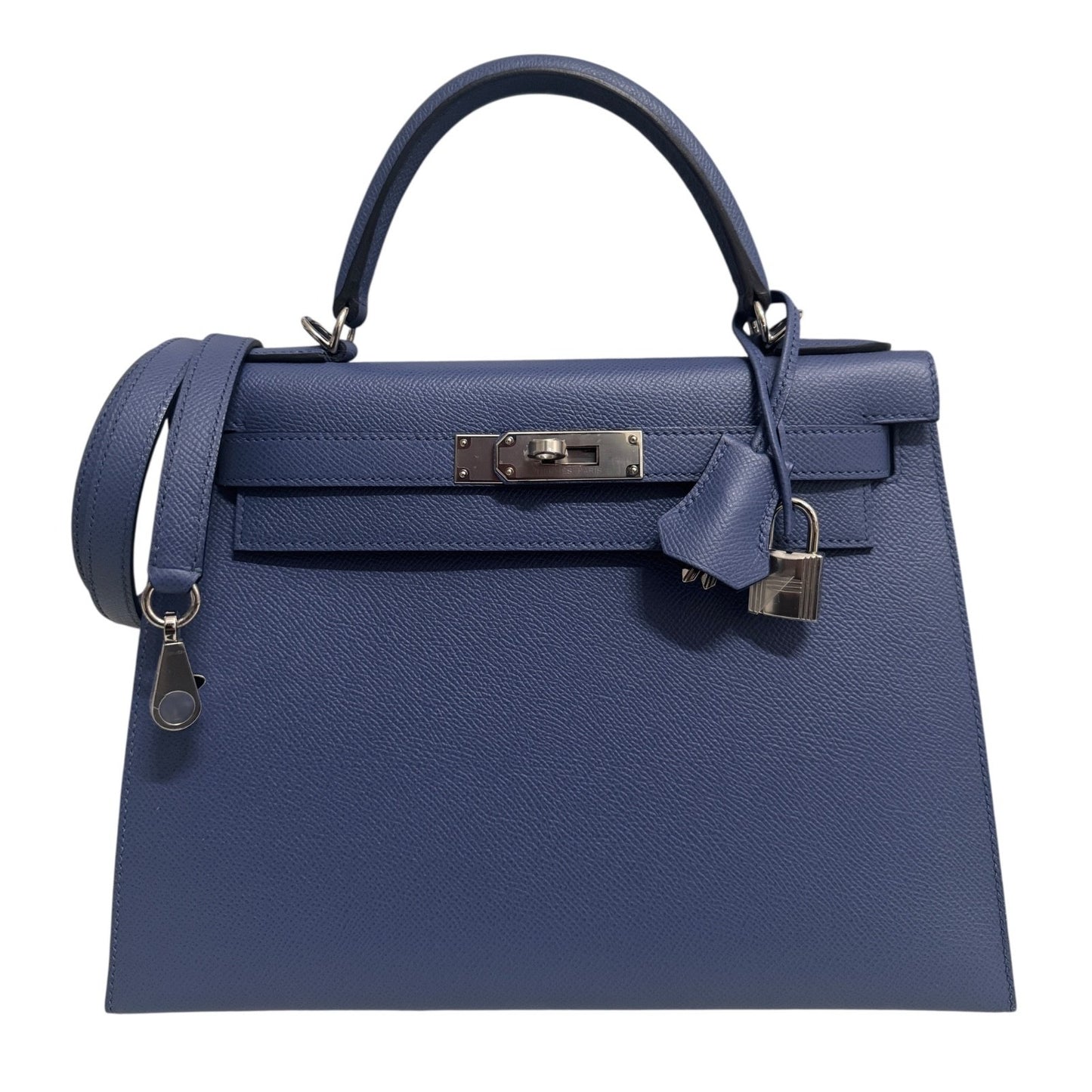 Hermes Kelly 28 Sellier Blue Brighton Epsom Leather Palladium Hardware Rare