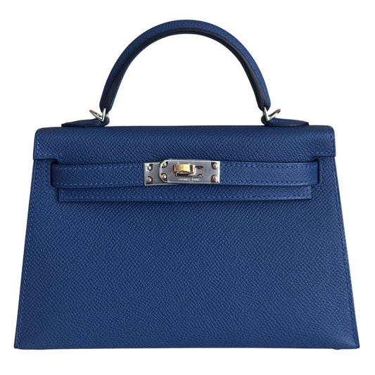Hermes Kelly Mini 20 Blue Tie Epsom Leather Electrum Gold Palladium Hardware NEW