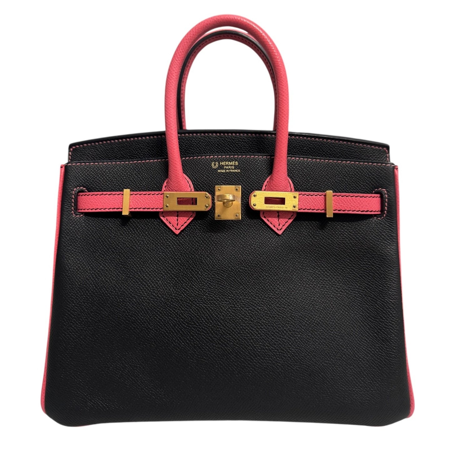 Hermes Birkin 25 Special Order Black & Rose Azalee Epsom Leather Brushed Gold