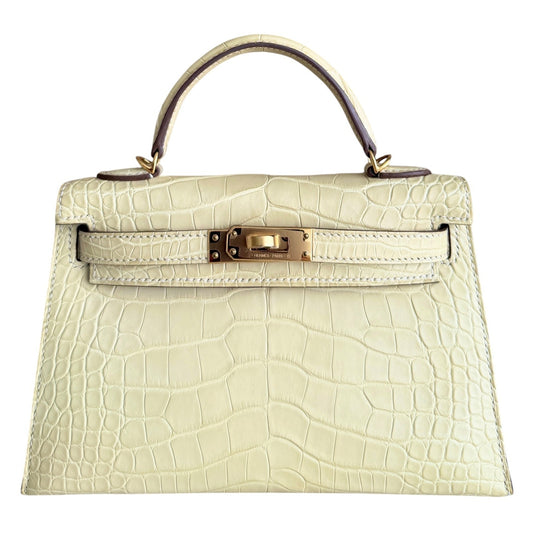 Hermes Kelly Mini 20 Matte Alligator Leather Vanille Vanilla Gold Hardware