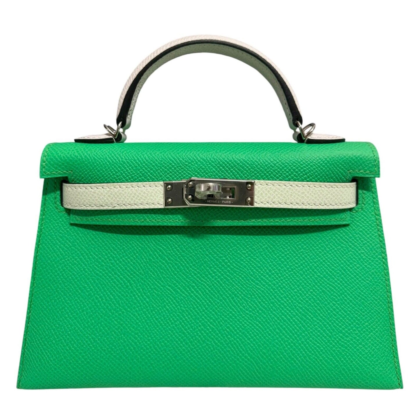 Hermes Kelly Mini 20 Vert Comics Vert Fizz & Gris Pale Epsom Leather Palladium