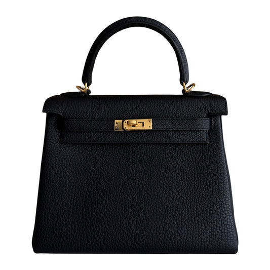 Hermes Kelly 25 Black Noir Togo Leather Gold Hardware RARE