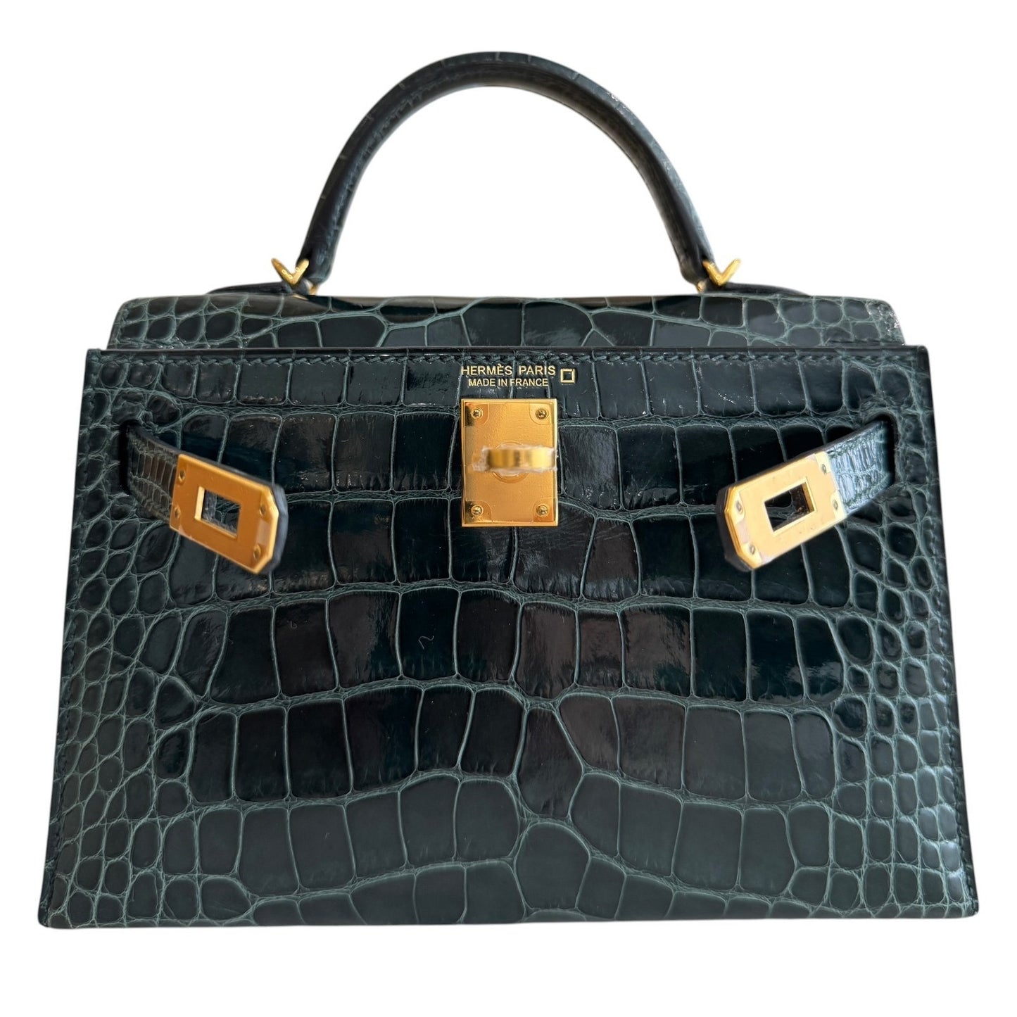 Hermes Kelly Mini 20 Shinny Alligator Leather Vert Cypress Green Gold Hardware