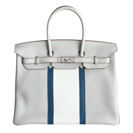 Hermes Birkin 35 Club Gris Perle White Togo Leather Lizard Palladium Hardware