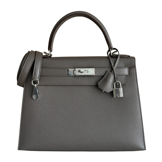 Hermes Kelly 28 Sellier Etain Gray Epsom Leather Palladium Hardware RARE