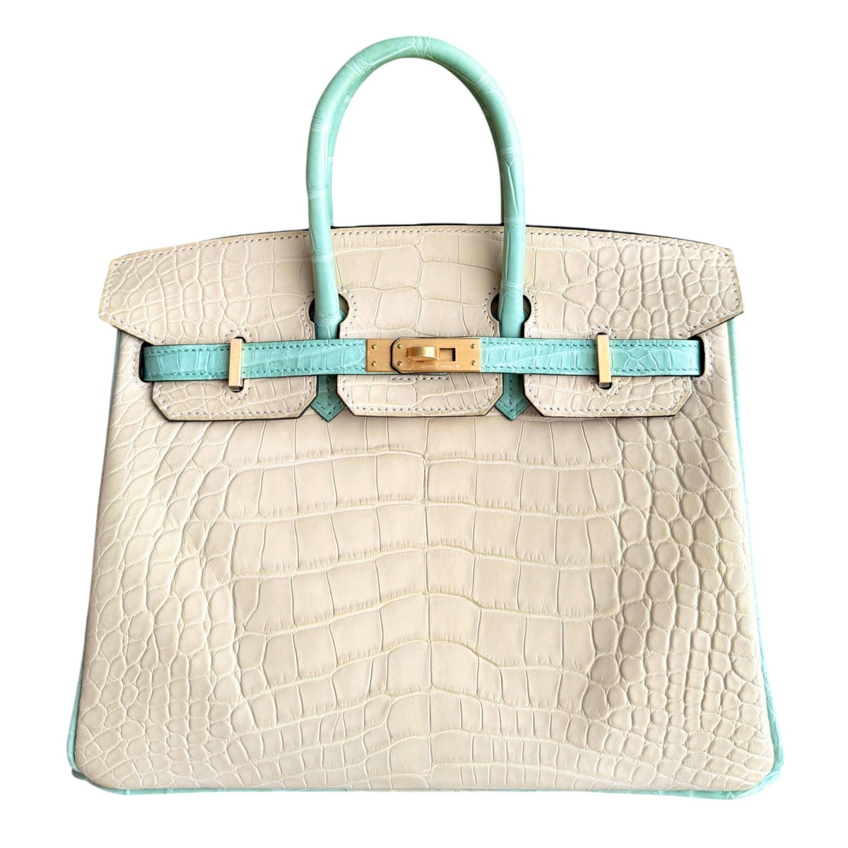Hermes Birkin 25 Special Order Matte Alligator Vanille & Vert D'eau Brushed Gold