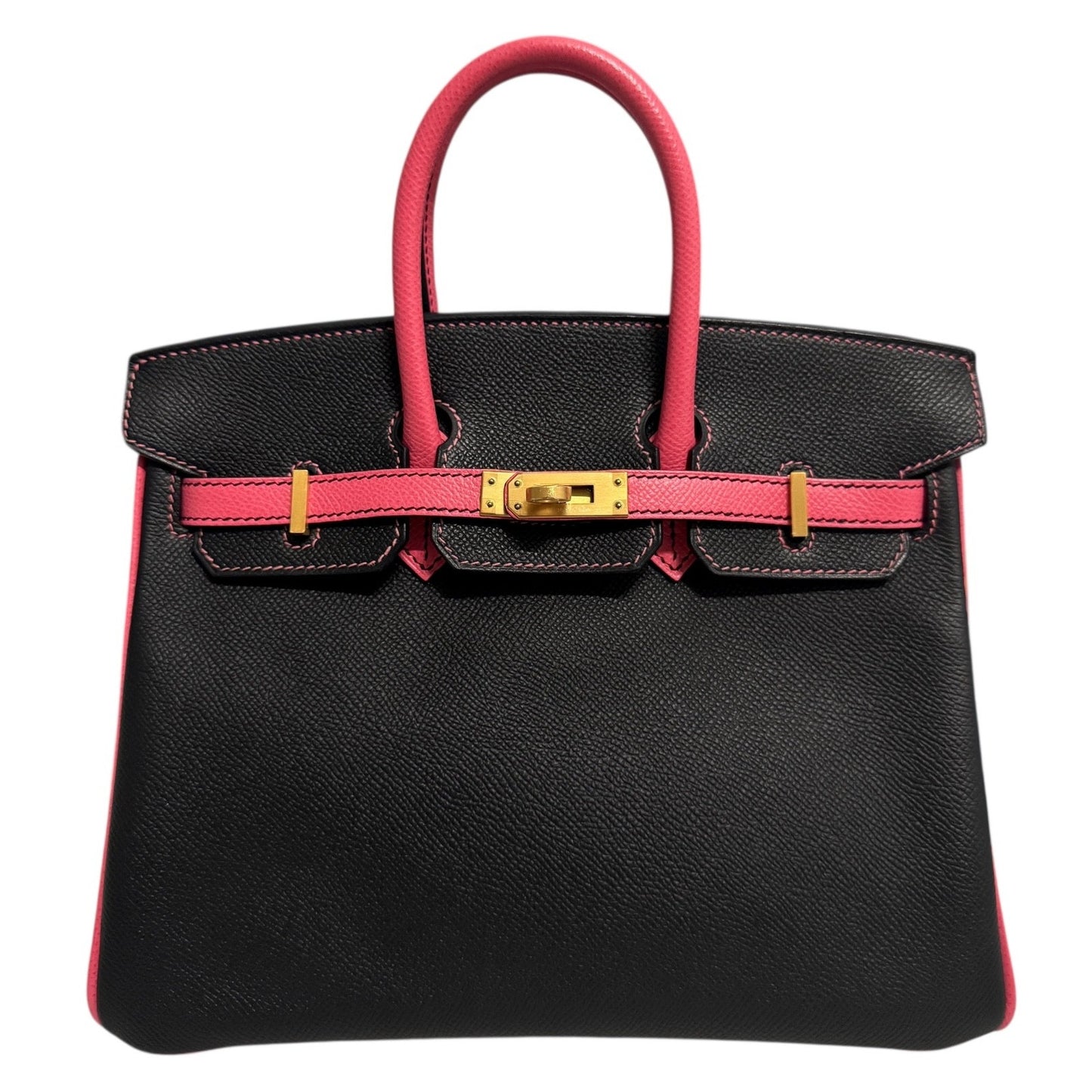 Hermes Birkin 25 Special Order Black & Rose Azalee Epsom Leather Brushed Gold