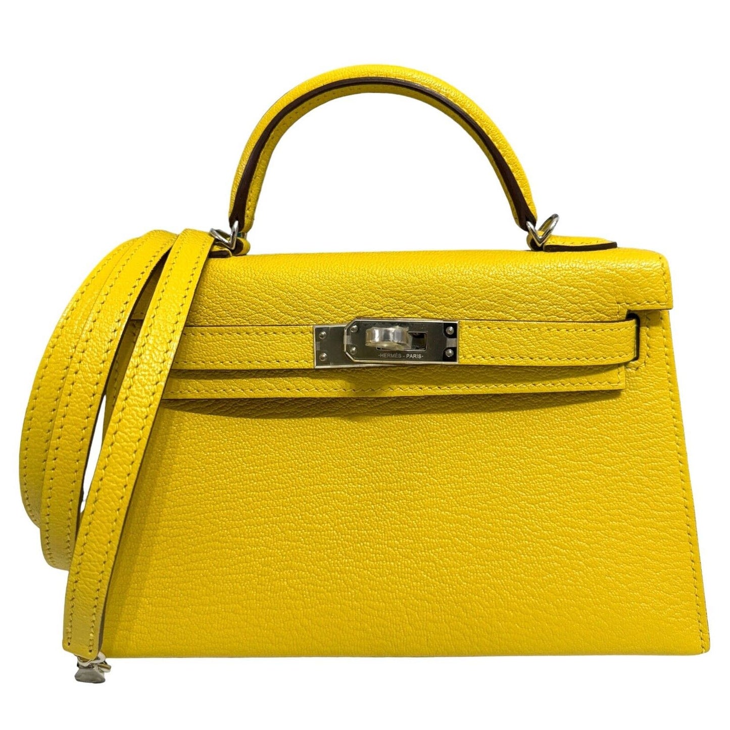 Hermes Kelly Mini 20 Verso Jaune Naples Yellow Orange Chèvre Leather Palladium