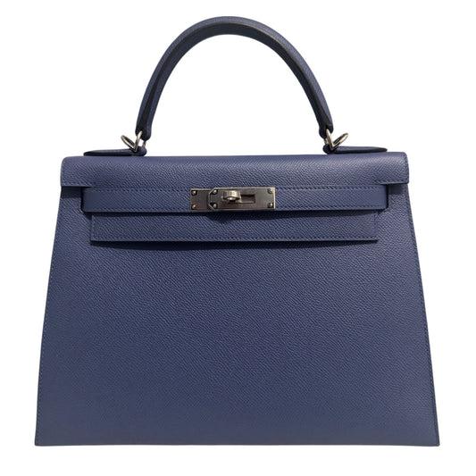Hermes Kelly 28 Sellier Blue Brighton Epsom Leather Palladium Hardware Rare
