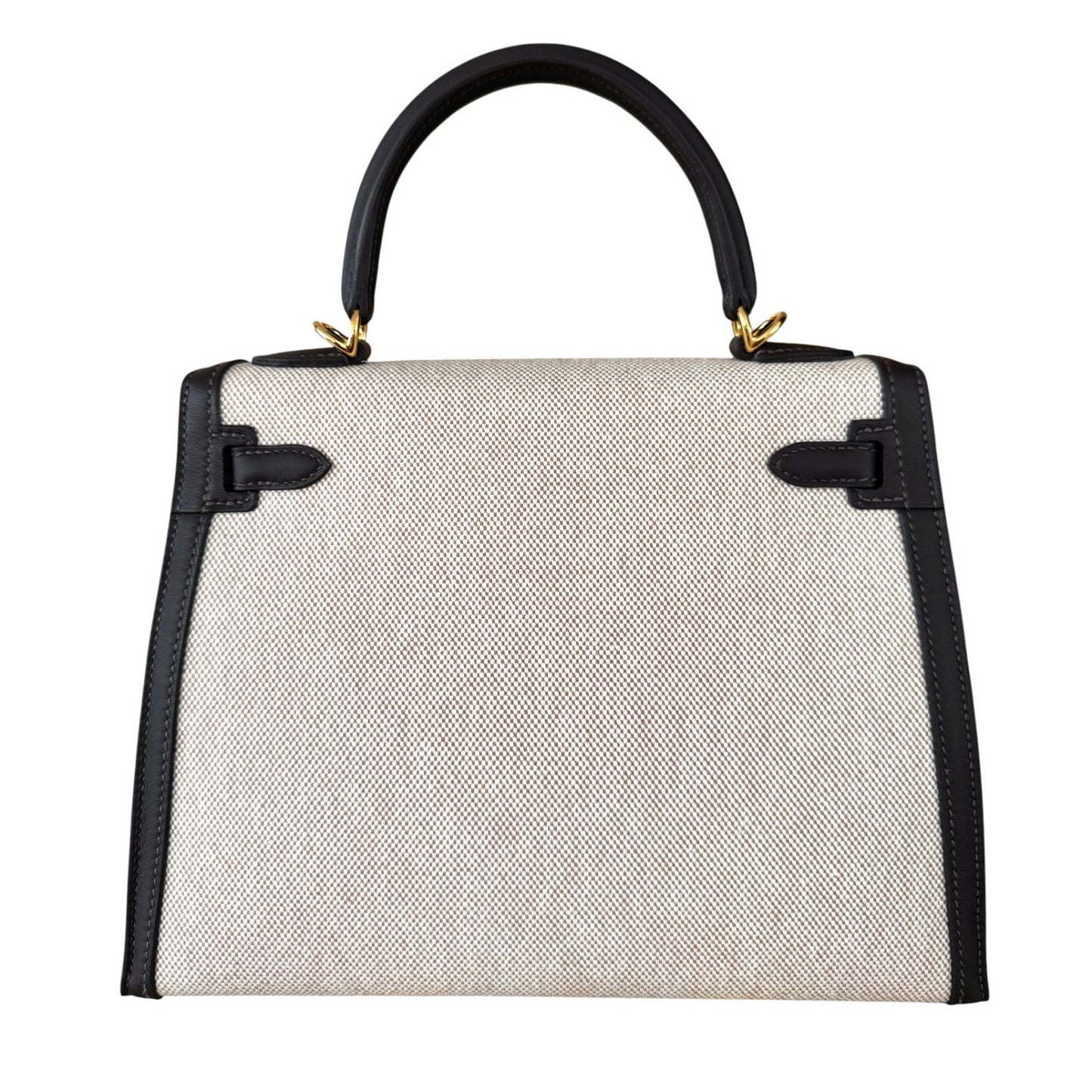 NEW Hermes Kelly 25 Bai Brun Brown Leather Toile Ecru Beige Toile Gold Hardware