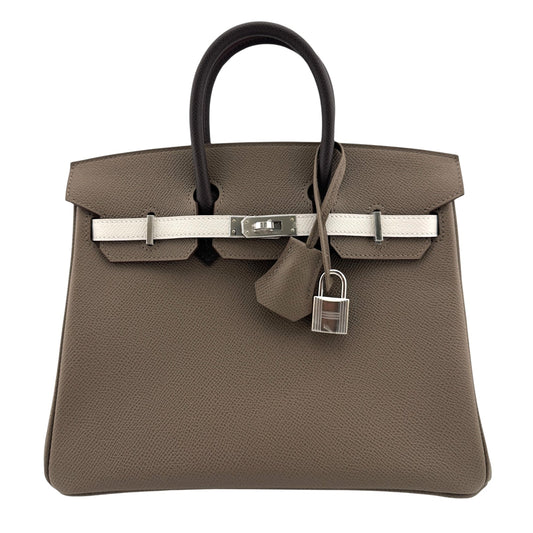 Hermes Birkin 25 Tri Color Etoupe Gris Pale Ebene Epsom Leather Palladium HWR