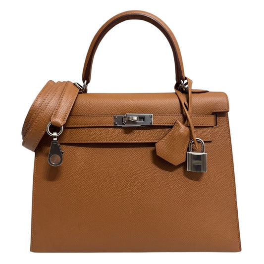 Hermes Kelly 25 Sellier Verso Gold Tan Jaune Ambre Epsom Leather Palladium HWR