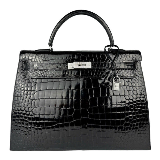 Hermes Kelly 35 Diamond Black Shinny Porosus Crocodile 18k White Gold Hardware