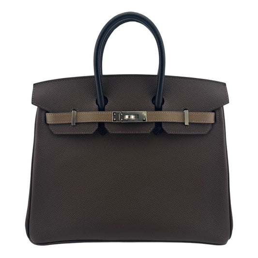 Hermes Birkin 25 Tri Color Ecorce Etoupe Black Epsom Leather Palladium Hardware