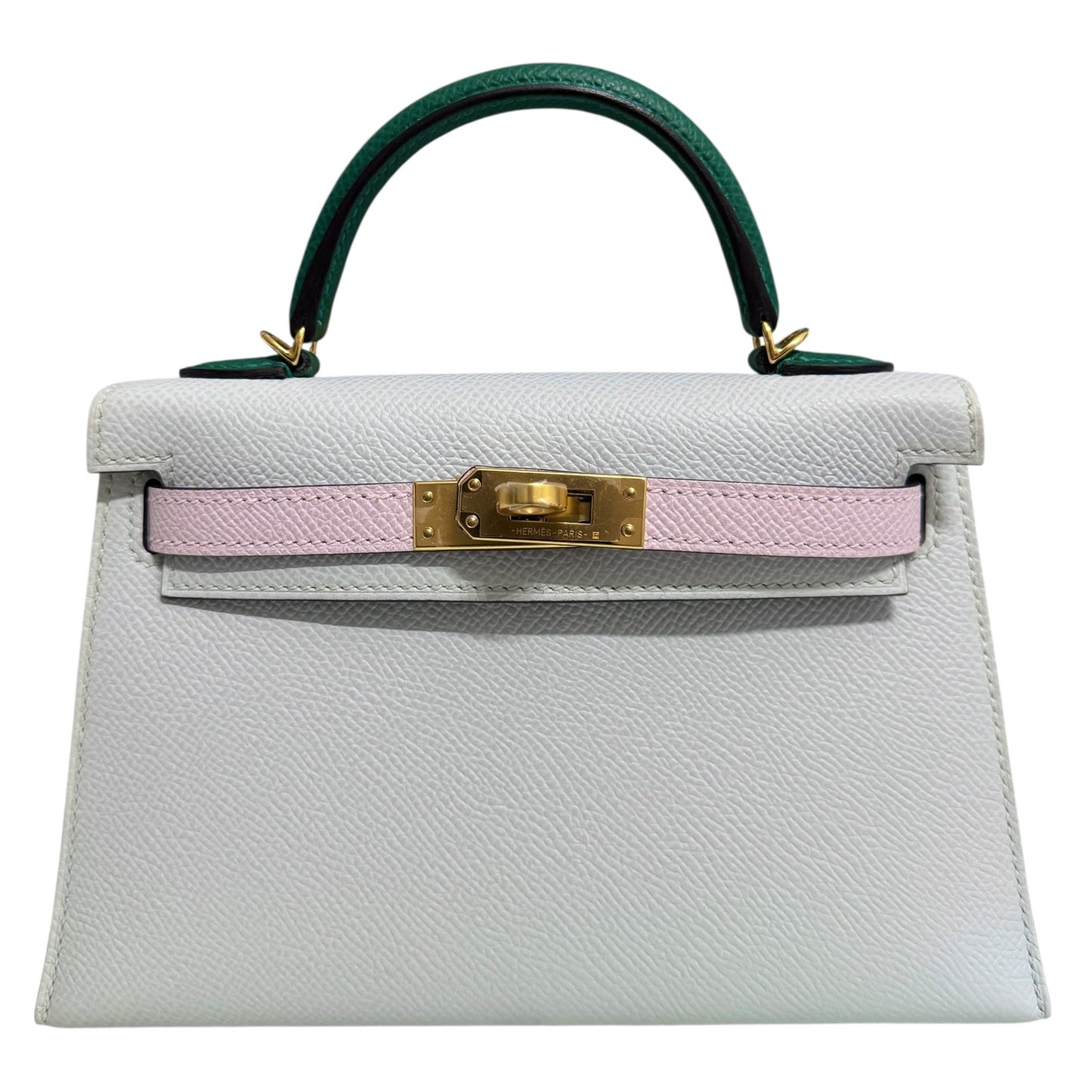 Hermes Mini Kelly Tri Color Gris Platine Mauve Pale and Vert Moyen Epsom Gold Hardware