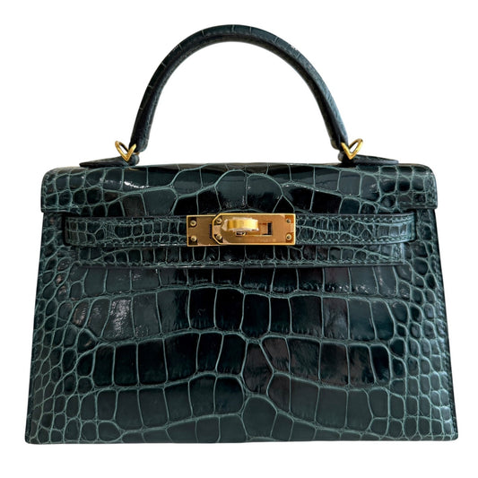 Hermes Kelly Mini 20 Shinny Alligator Leather Vert Cypress Green Gold Hardware