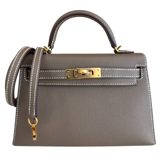 Hermes Kelly Mini 20 Etoupe Gray Epsom Leather Gold Hardware