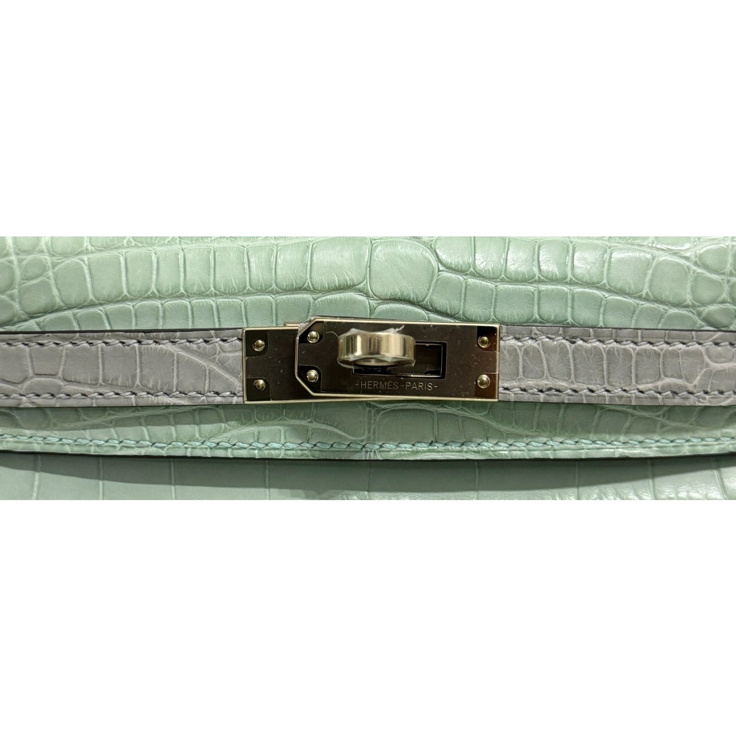 Hermes Kelly Mini 20 Special Order Matte Alligator Vert D'eau & Gris Perle Gray