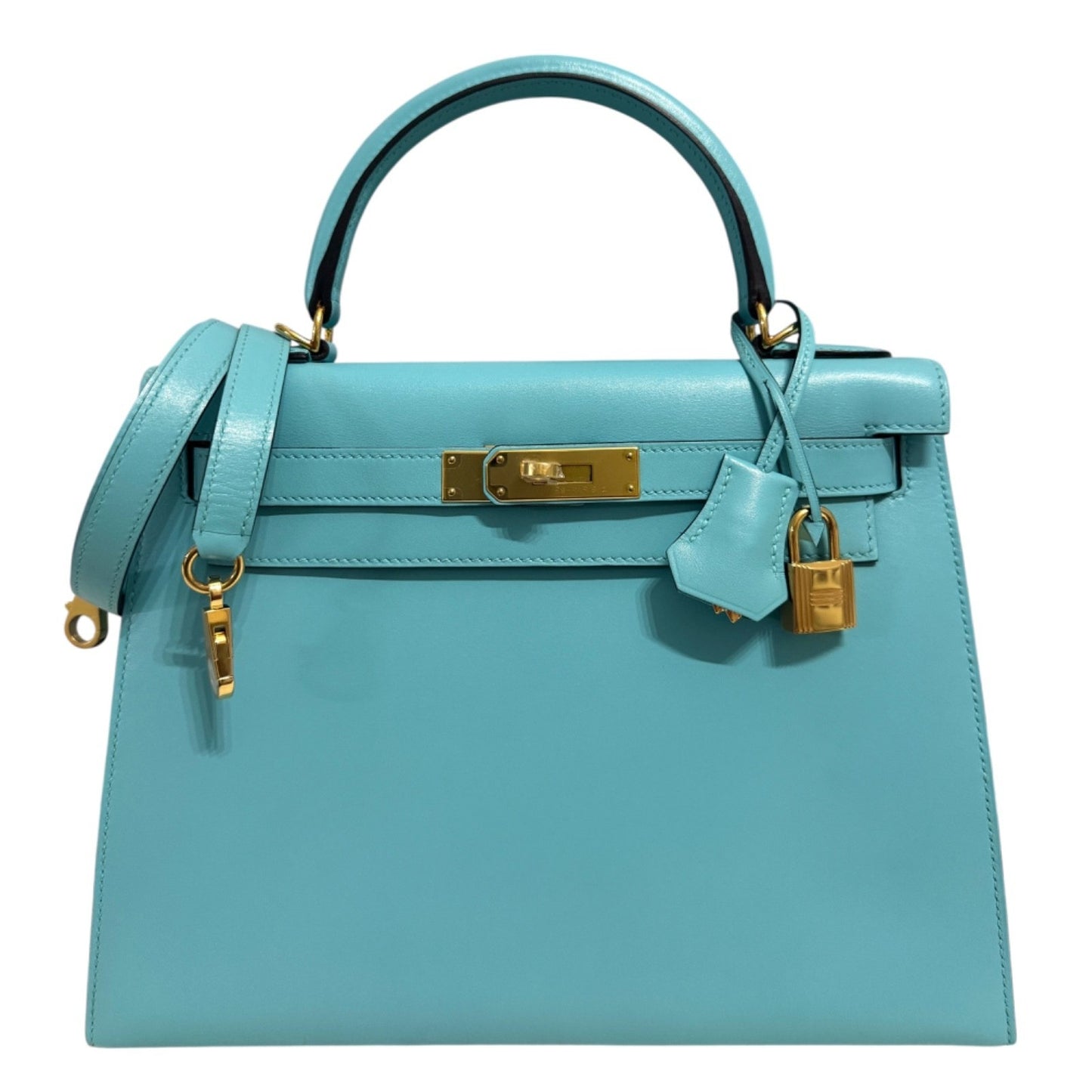 Hermes Kelly 28 Sellier Blue Atoll Tiffany Blue Tadelakt Leather Gold Hardware