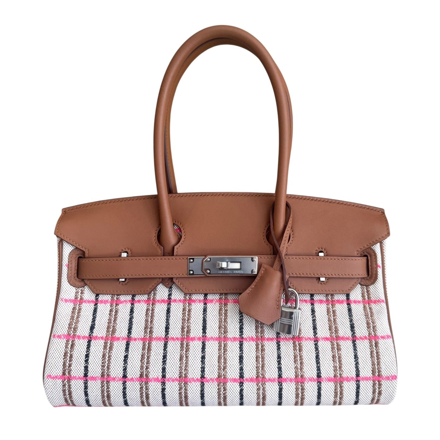 Hermes Birkin 29 Shoulder Gold Tan Toile Canvas Beige Rose Pop Black Palladium