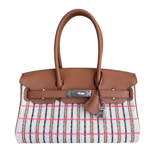 Hermes Birkin 29 Shoulder Gold Tan Toile Canvas Beige Rose Pop Black Palladium
