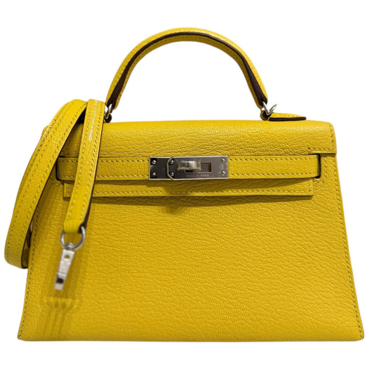 Hermes Kelly Mini 20 Verso Jaune Naples Gris Perle Chèvre Leather Palladium HWR