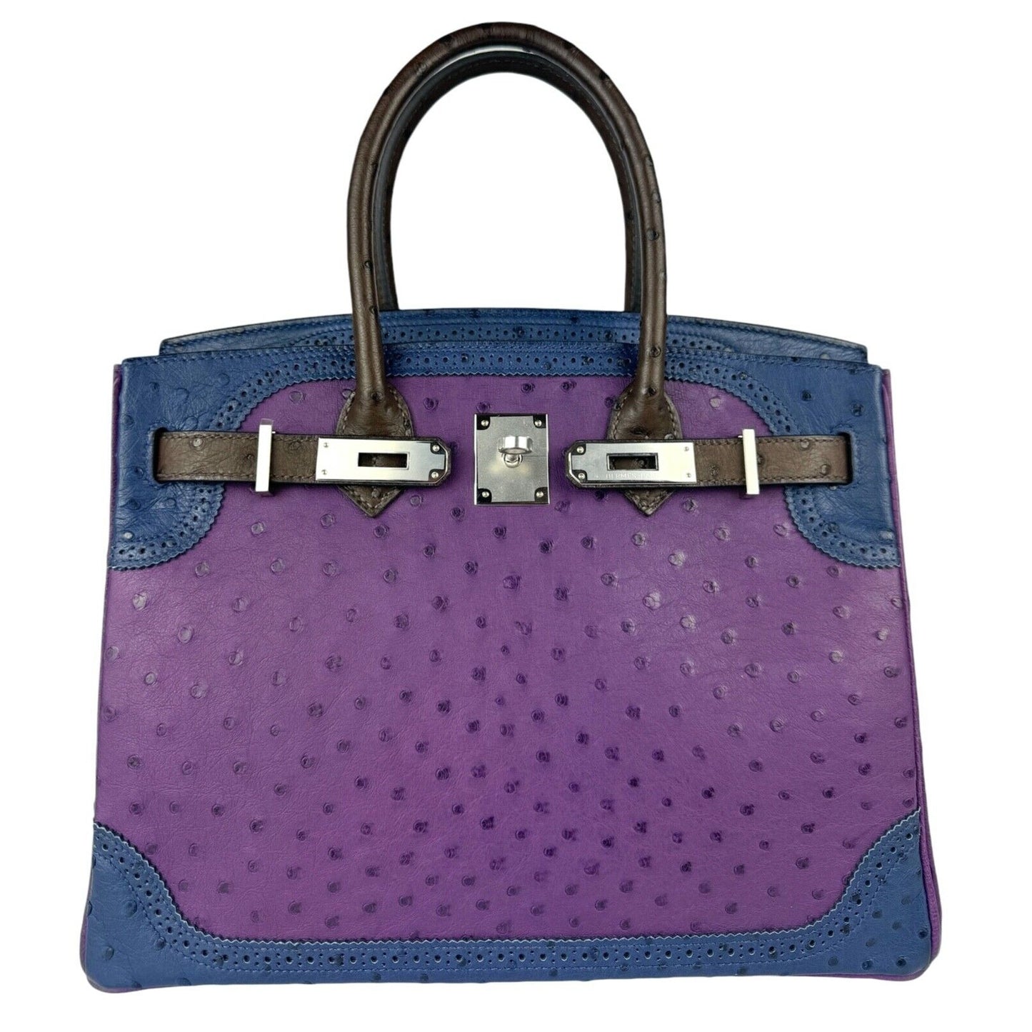 Hermes Birkin 30 Limited Ostrich Ghillies Violet, Blue de Malte & Marron d’Inde