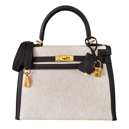 NEW Hermes Kelly 25 Bai Brun Brown Leather Toile Ecru Beige Toile Gold Hardware