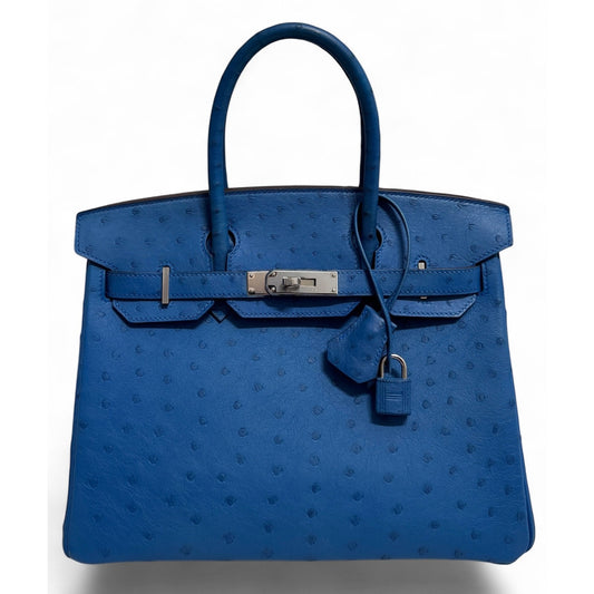 Hermes Birkin 30 Ostrich Blue Mykonos Leather Palladium Hardware RARE