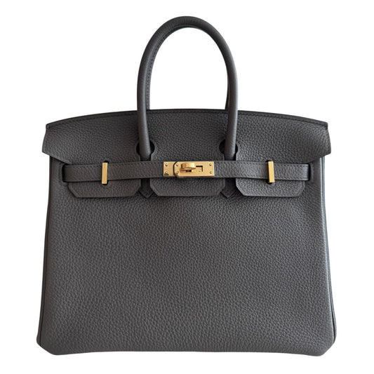 Hermes Birkin 25 Gris Etain Gray Togo Leather Gold Hardware Handbag