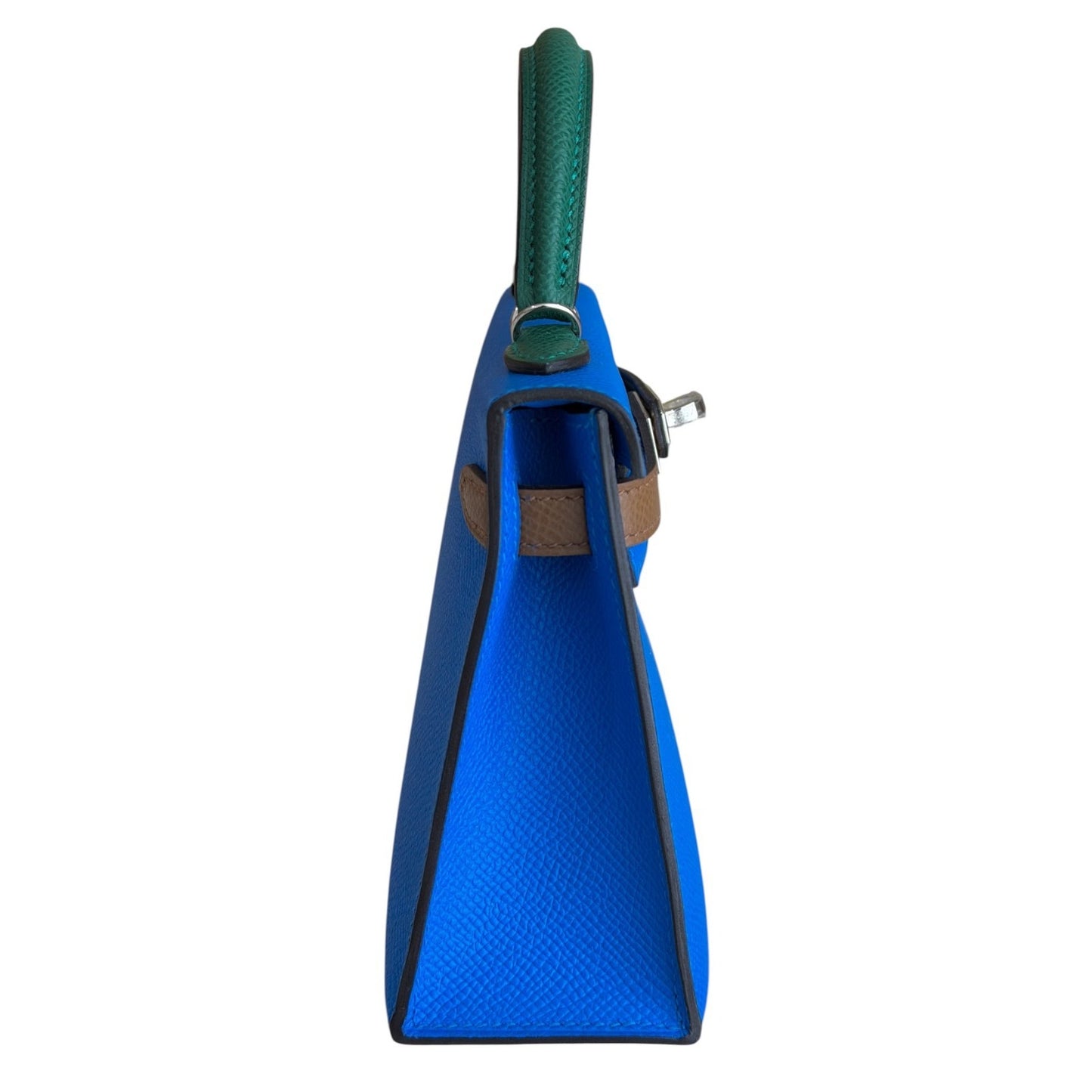 Hermes Mini Kelly Tri Color Blue Hydra, Vert Moyen, Alezan Epsom Palladium