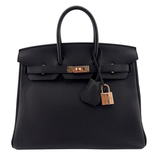 Hermes Birkin 25 Black Noir Togo Leather Rose Gold Hardware Handbag