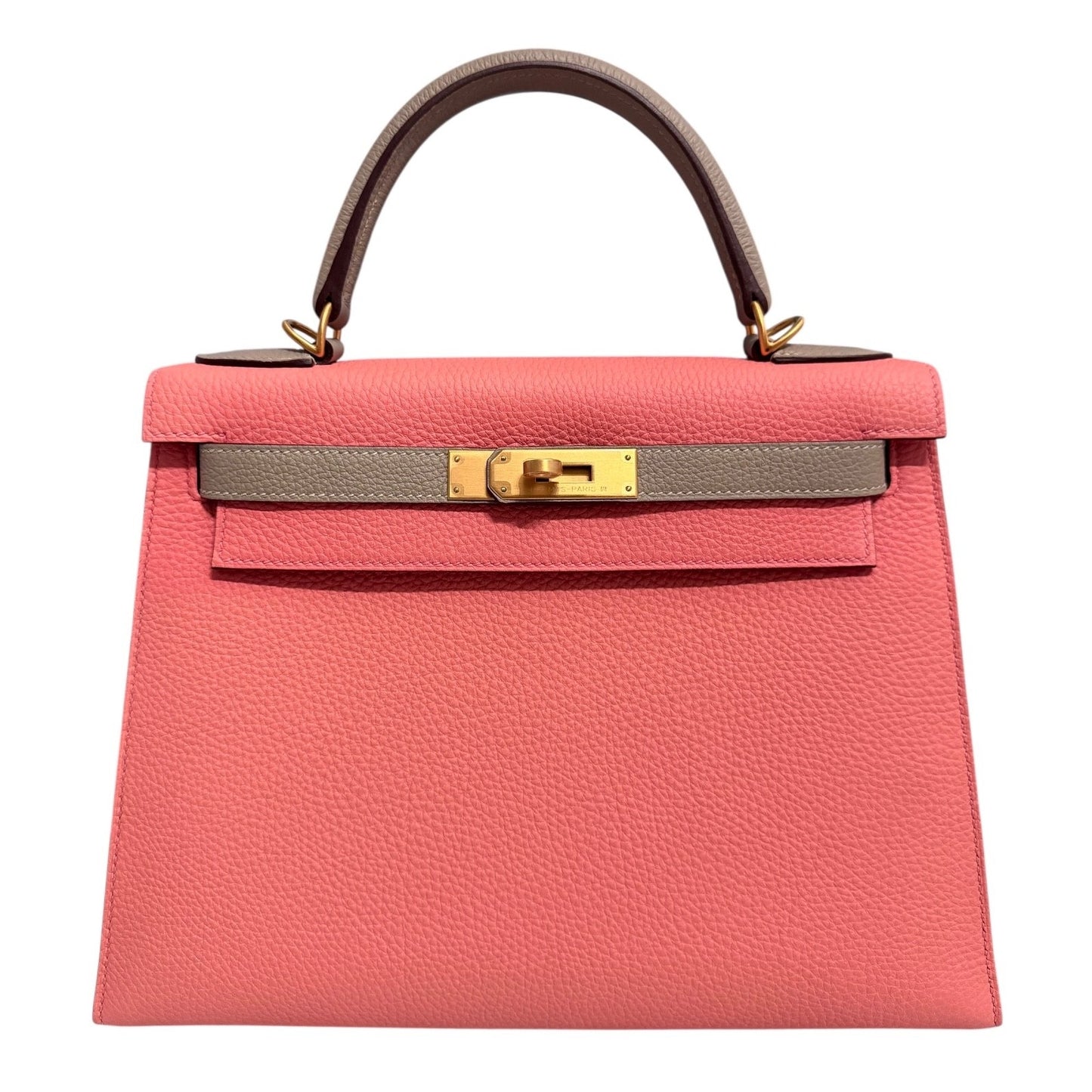 Hermes Kelly 28 Sellier Special Order Pink Rose Lipstick Gris Tourterelle Togo Leather Brushed Gold Hardware